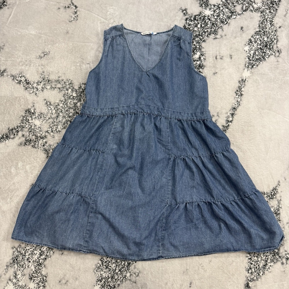 Given Kale Chambray Tiered Swing Dress Womens Size L Blue Sleeveless Cottagecore